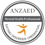 Logo of anzaed for eating disorder credential featuring an orange human figure, with text "mental health professional" encircled by a gray border. Logo of anzaed for eating disorder credential featuring an orange human figure, with text "mental health professional" encircled by a gray border.