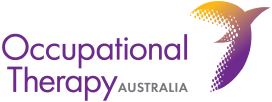Logo of occupational therapy australia featuring stylized text and a graphic of an abstract purple and orange boomerang.